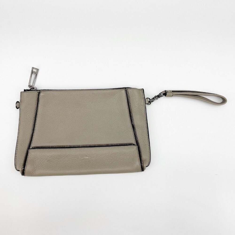 Botkier Beige Greige Pebbled Leather Zipper Trim Medium Clutch Bag Purse Pouch